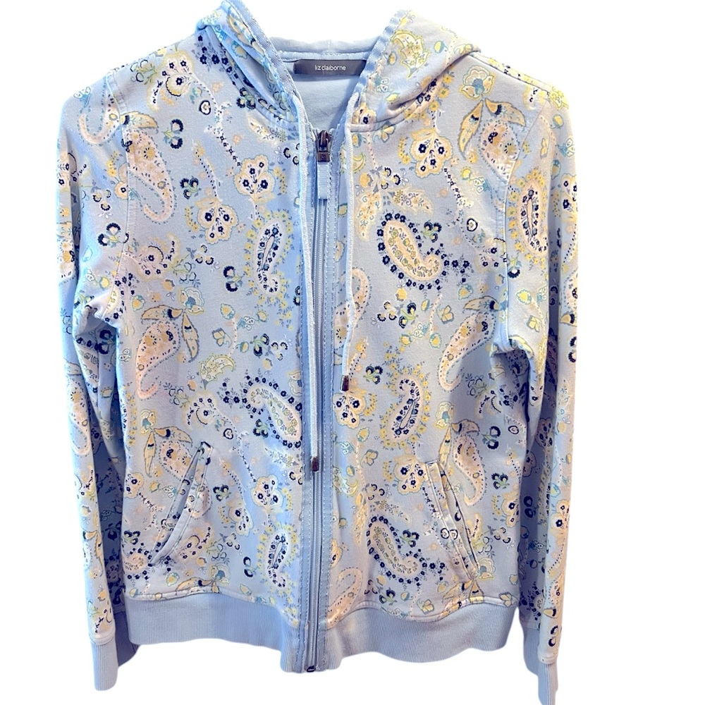 Sky Blue and Yellow Paisley Print Drawstring Hoodie by Liz Claiborne.Size=Medium